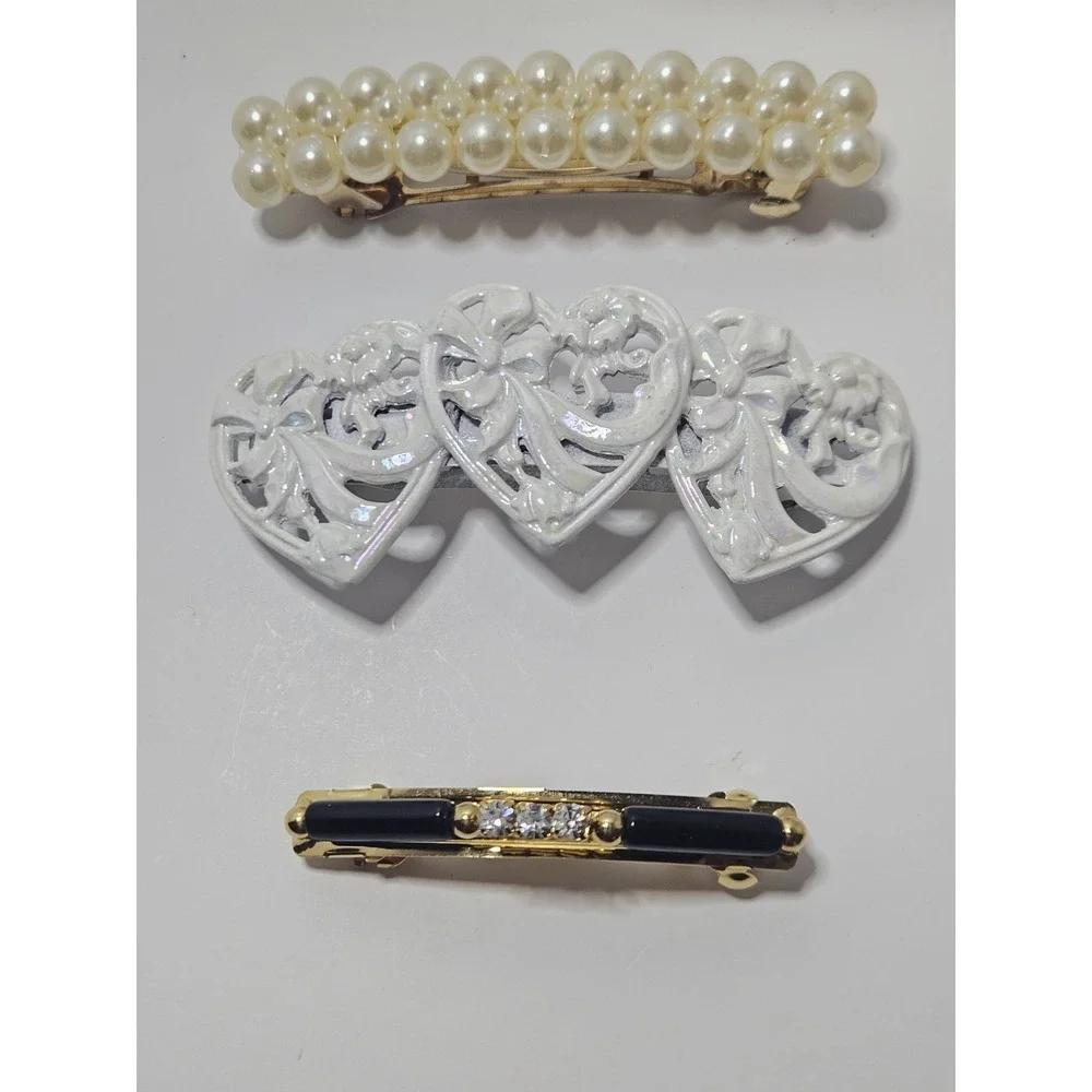 Vintage Hair Barrettes Clips Lot 7pc Faux Pearl Rhinestone Gold Silver Enamel